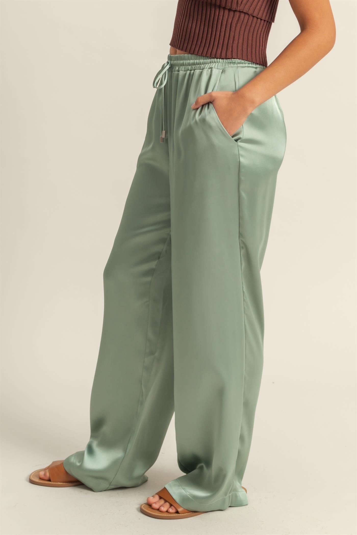 Sage Wide Leg Drawstring Waist Pants