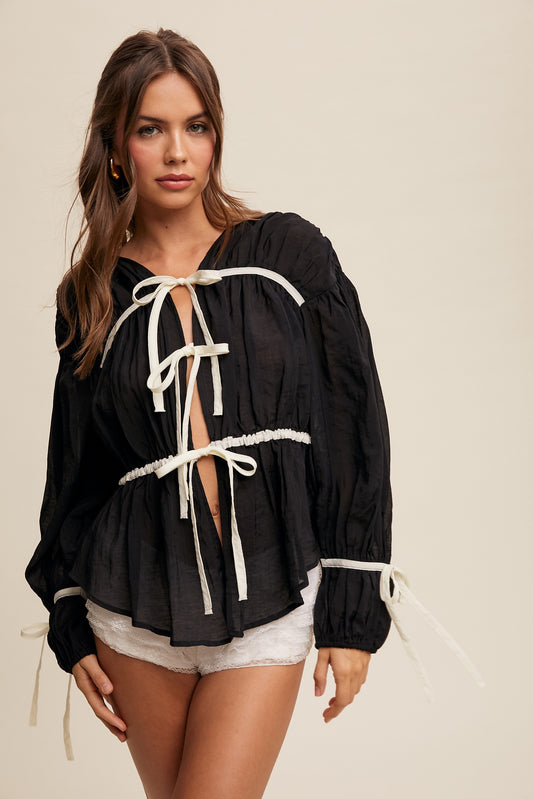 Bow Tie Front Long Sleeve Top