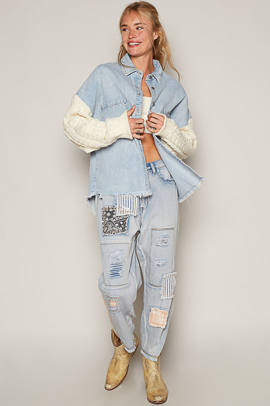 Cozy Cable Knit Sleeve Denim Shacket