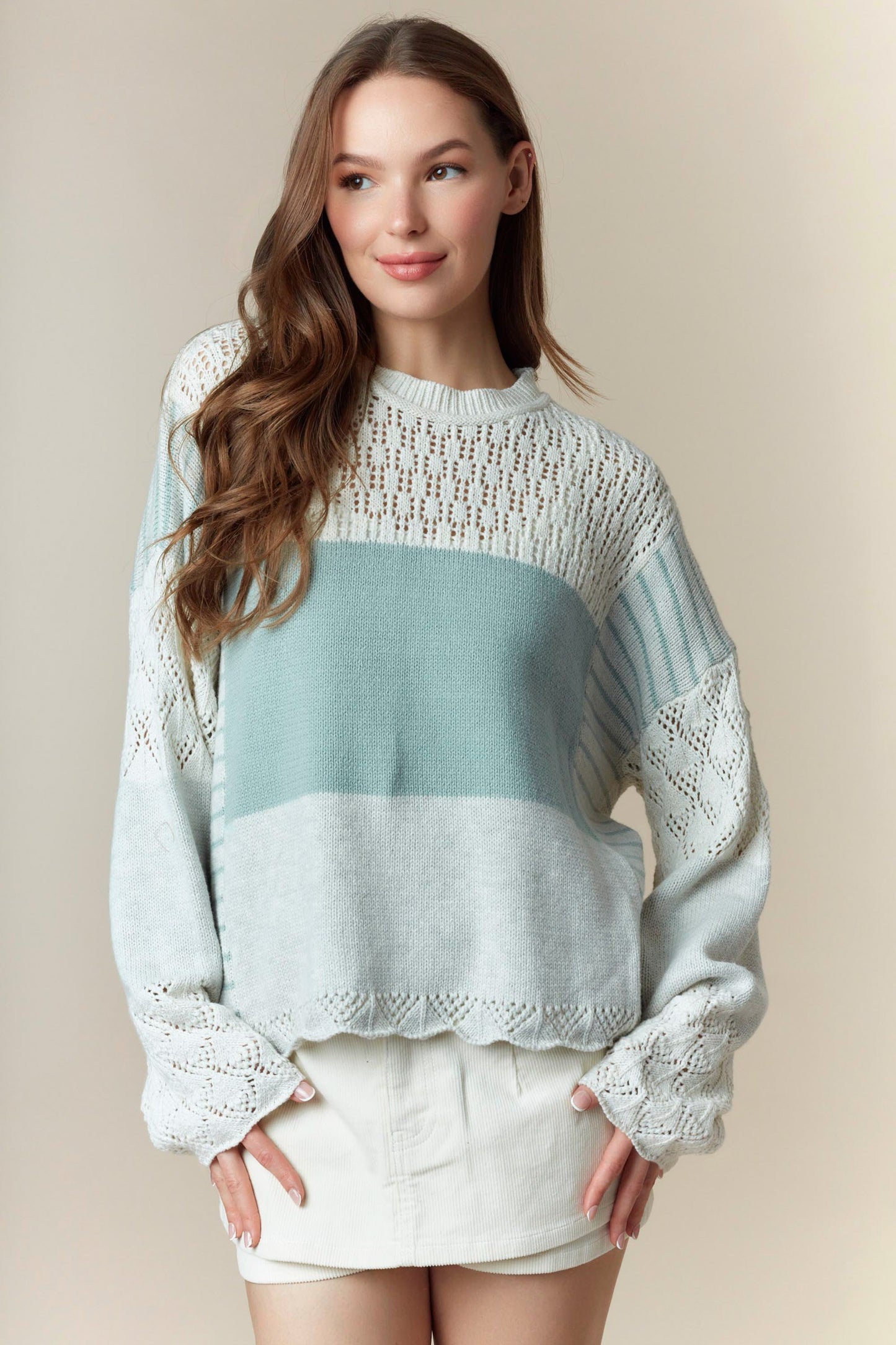 Colette Mixed Media Color Blocked Knit Detail Sweater
