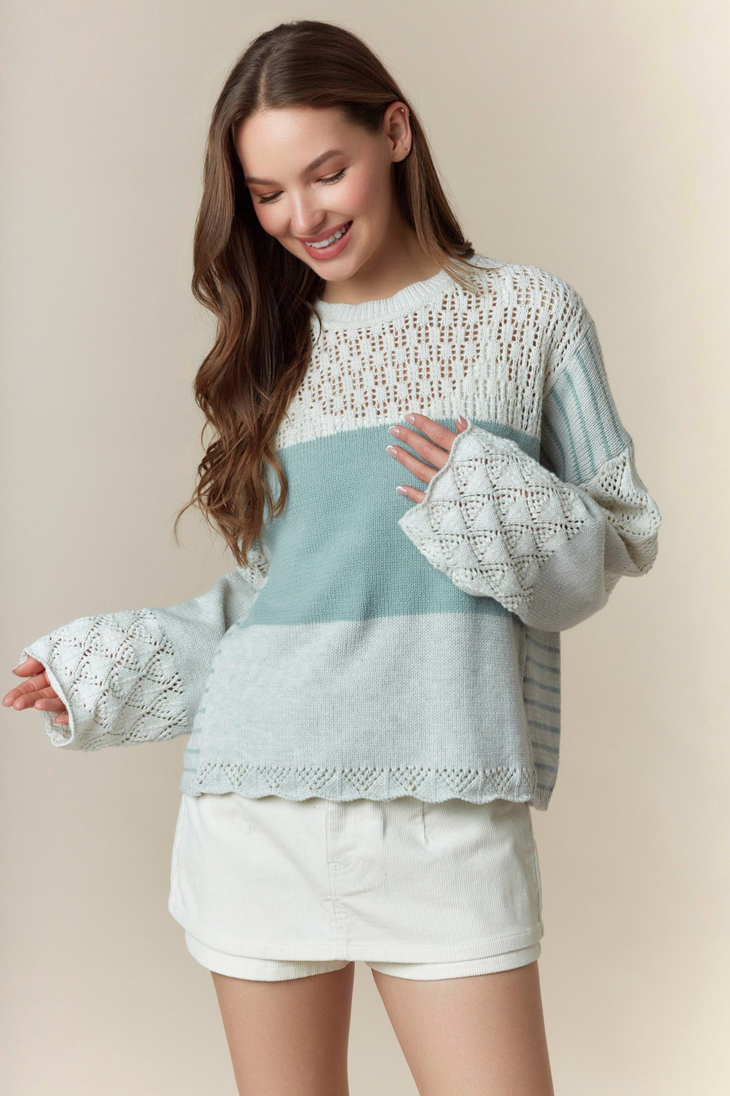 Colette Mixed Media Color Blocked Knit Detail Sweater