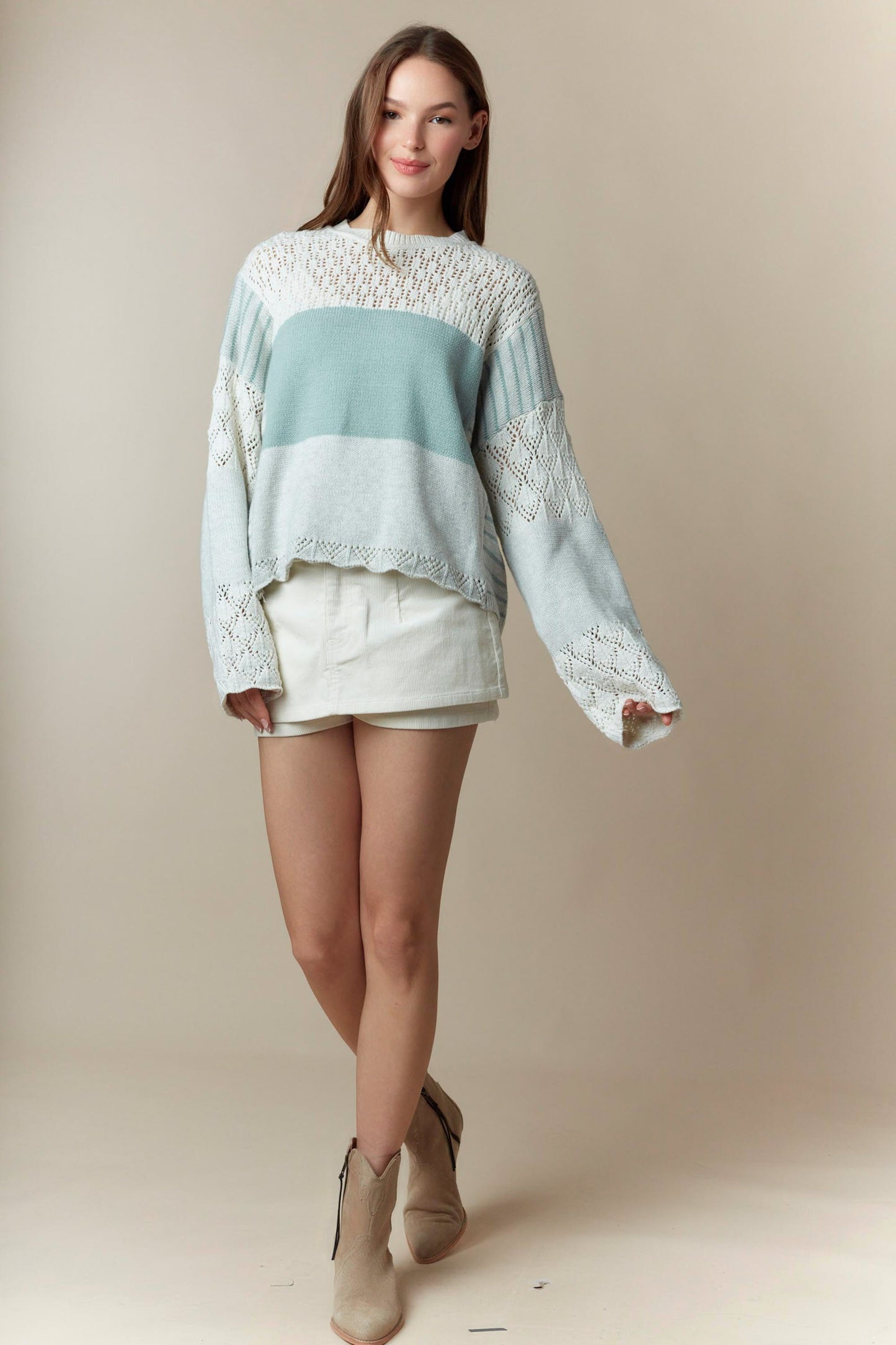Colette Mixed Media Color Blocked Knit Detail Sweater