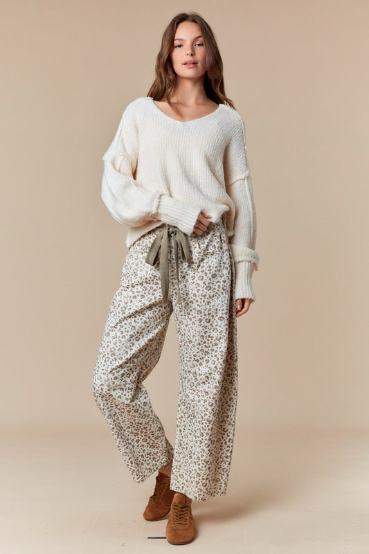 Lyla Waist Tie Leopard Print Denim Barrel Pants