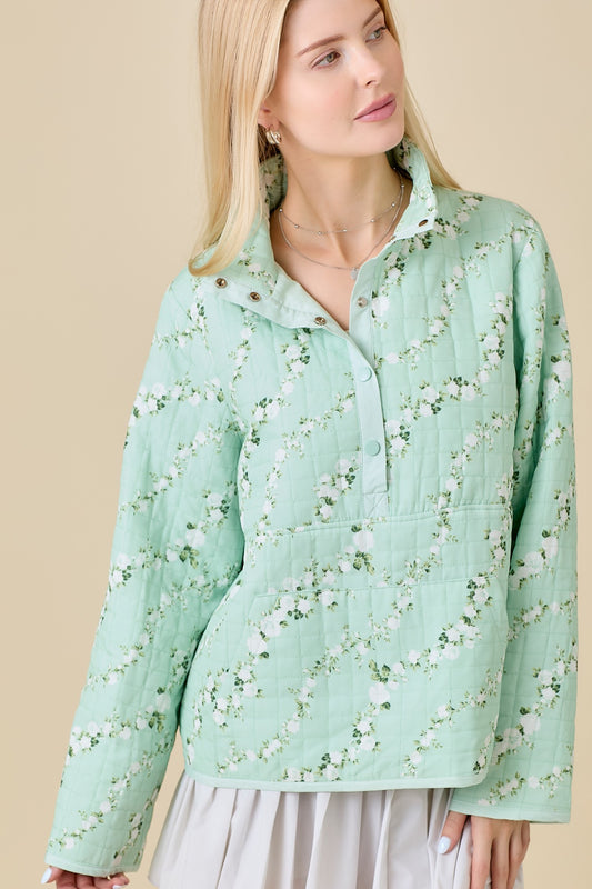 Mint Floral Half Snap Button Quilted Jacket