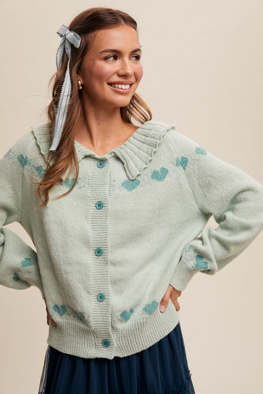 Mint Heart Ruffle Collar Knit Cardigan Sweater