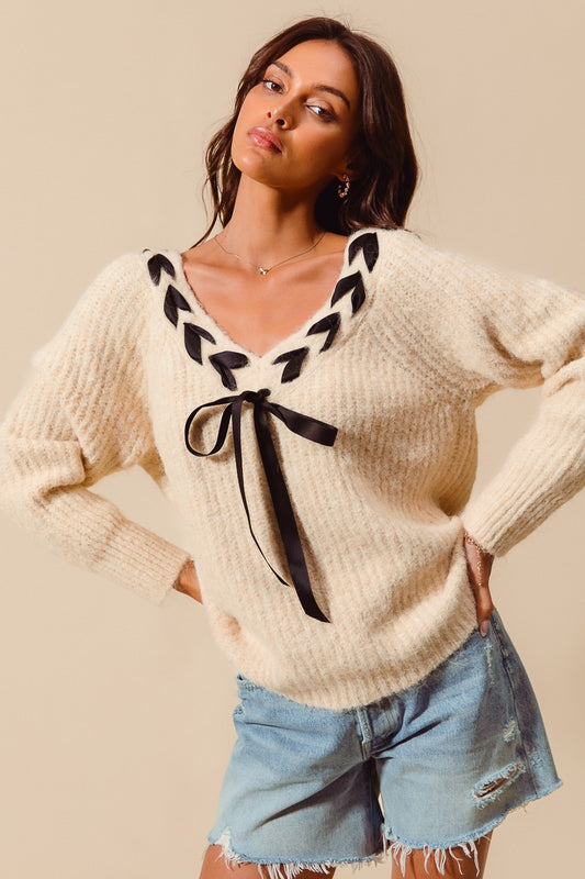 Olivia Oatmeal Satin Ribbon V-Neck Sweater