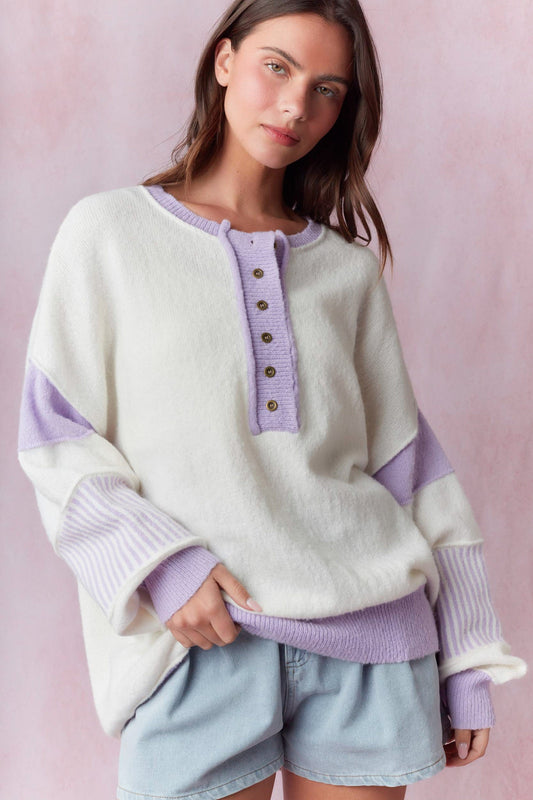 Avery Purple and Ivory Oversized Henley Sweater