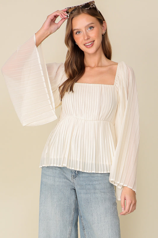 Ivory Pleated Bell Sleeve Blouse